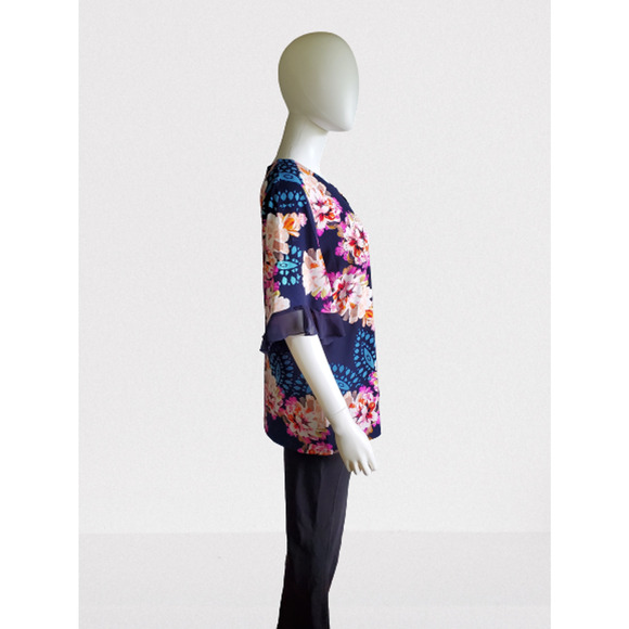 JM Collection, Women's Blue Bliss Floral Bell Sleeve Blouse, Size: Large, New - Picture 3 of 7